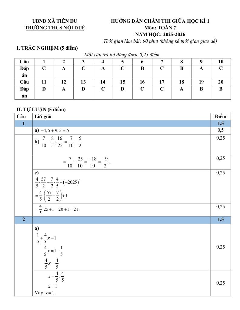 đề giữa học kì 1 toán 7 năm 2025 – 2026 trường thcs nội duệ – bắc ninh 2
