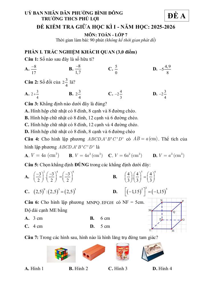 đề giữa học kì 1 toán 7 năm 2025 – 2026 trường thcs phú lợi – tp hcm 0