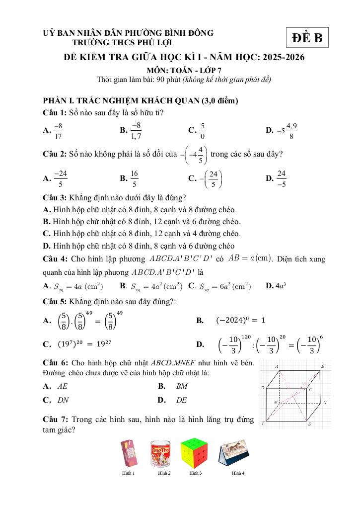 đề giữa học kì 1 toán 7 năm 2025 – 2026 trường thcs phú lợi – tp hcm 9