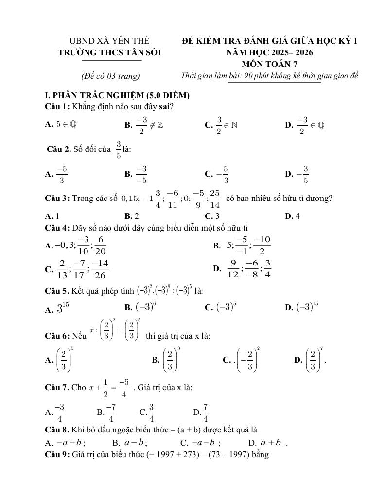 đề giữa học kì 1 toán 7 năm 2025 – 2026 trường thcs tân sỏi – bắc ninh 4