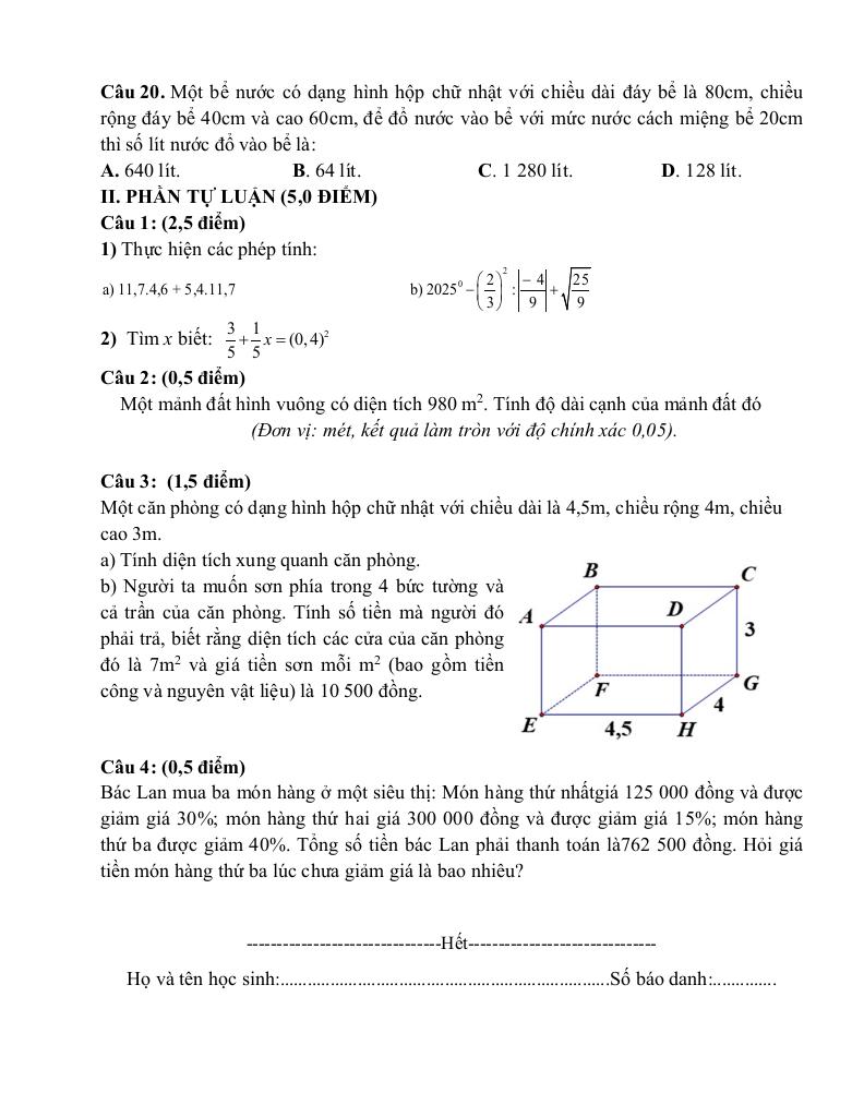 đề giữa học kì 1 toán 7 năm 2025 – 2026 trường thcs tân sỏi – bắc ninh 6