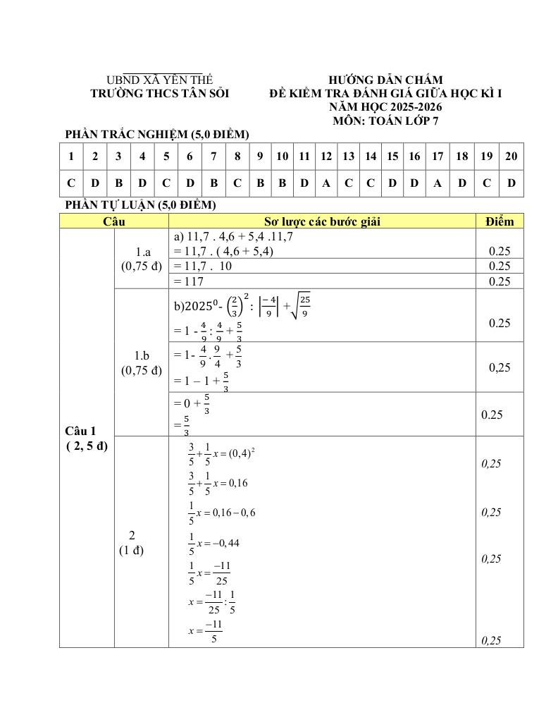 đề giữa học kì 1 toán 7 năm 2025 – 2026 trường thcs tân sỏi – bắc ninh 7