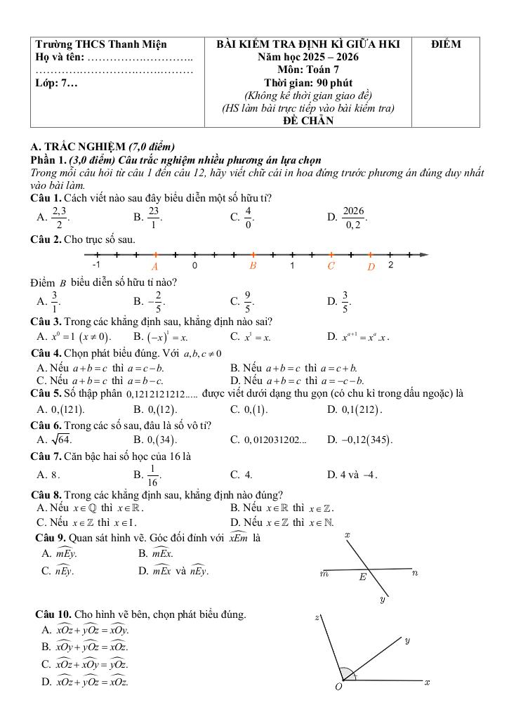 đề giữa học kì 1 toán 7 năm 2025 – 2026 trường thcs thanh miện – hải phòng 0