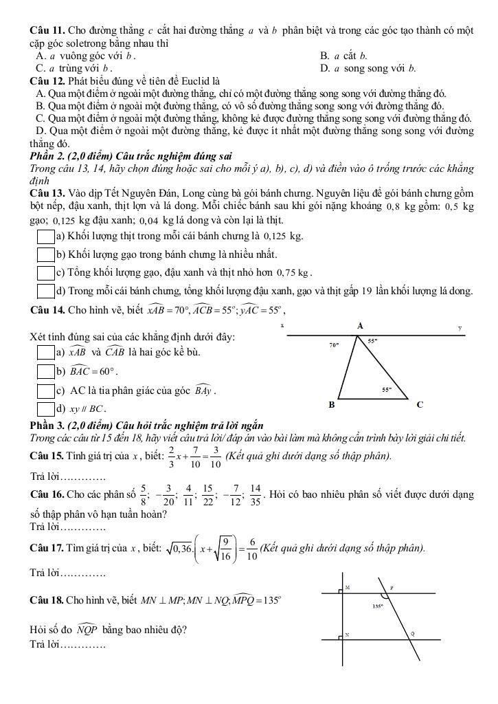 đề giữa học kì 1 toán 7 năm 2025 – 2026 trường thcs thanh miện – hải phòng 1