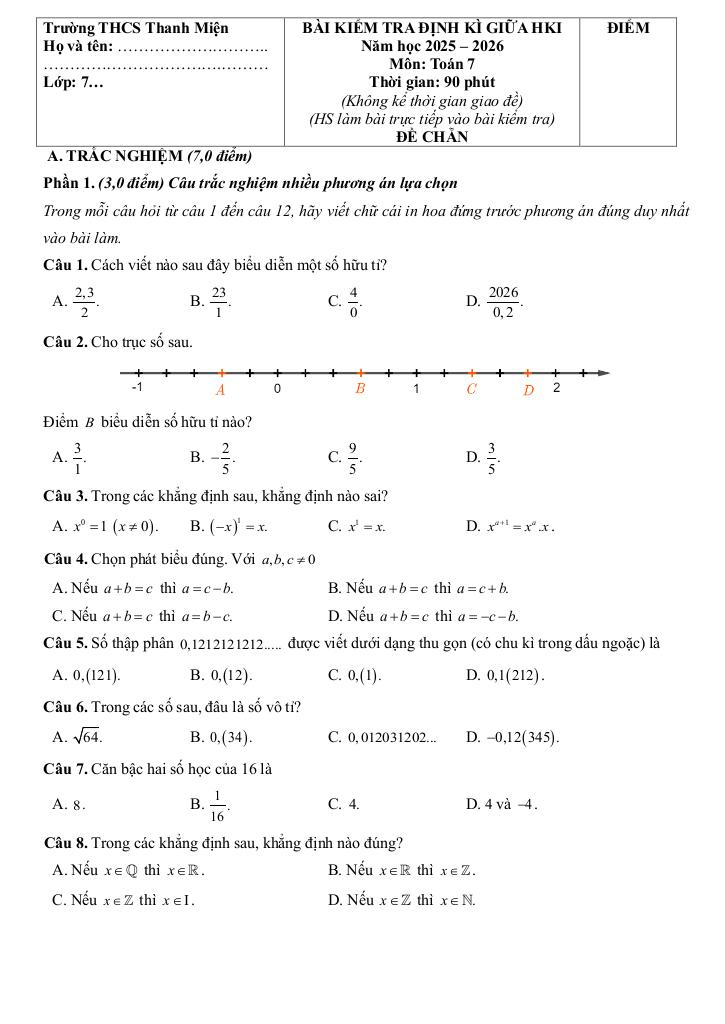 đề giữa học kì 1 toán 7 năm 2025 – 2026 trường thcs thanh miện – hải phòng 4