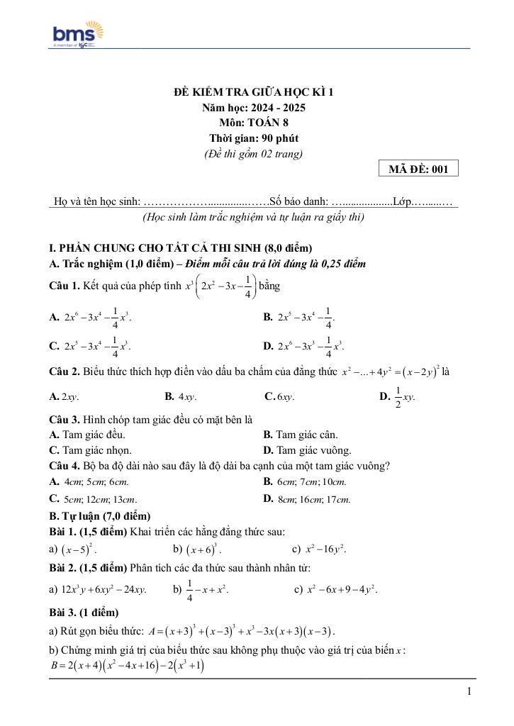 đề giữa học kì 1 toán 8 năm 2024 – 2025 trường ban mai school – hà nội 0
