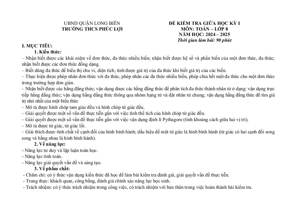đề giữa học kì 1 toán 8 năm 2024 – 2025 trường thcs phúc lợi – hà nội 0