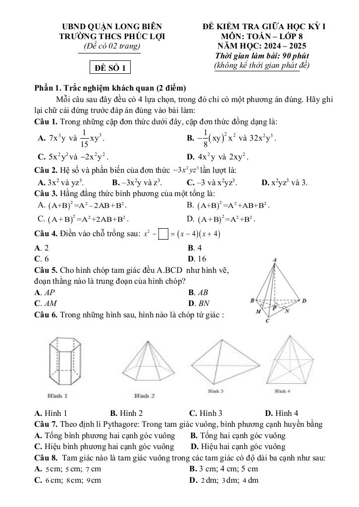 đề giữa học kì 1 toán 8 năm 2024 – 2025 trường thcs phúc lợi – hà nội 4