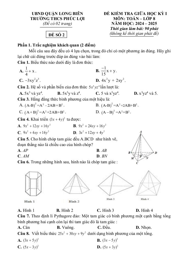 đề giữa học kì 1 toán 8 năm 2024 – 2025 trường thcs phúc lợi – hà nội 6