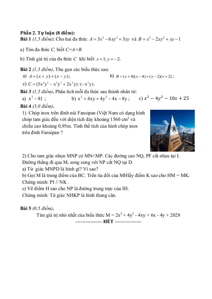 đề giữa học kì 1 toán 8 năm 2024 – 2025 trường thcs phúc lợi – hà nội 7