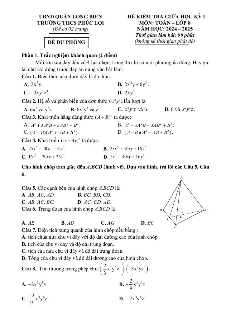 đề giữa học kì 1 toán 8 năm 2024 – 2025 trường thcs phúc lợi – hà nội 8