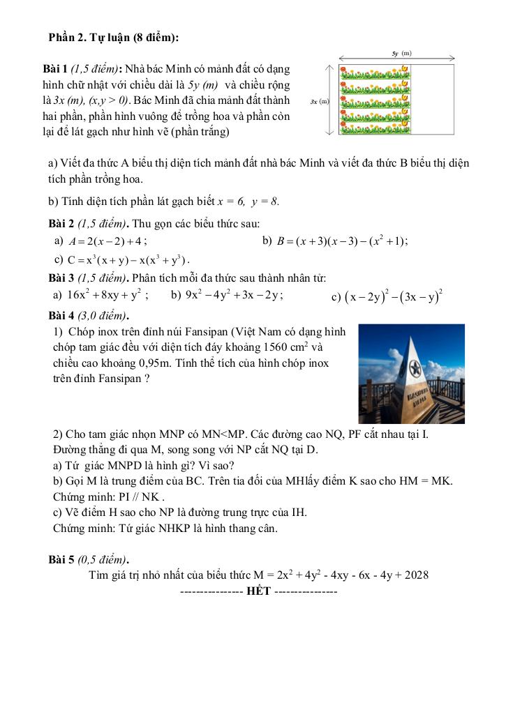 đề giữa học kì 1 toán 8 năm 2024 – 2025 trường thcs phúc lợi – hà nội 9