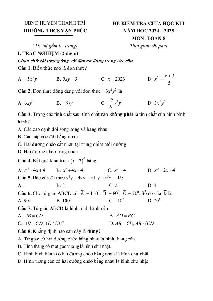 đề giữa học kì 1 toán 8 năm 2024 – 2025 trường thcs vạn phúc – hà nội 5