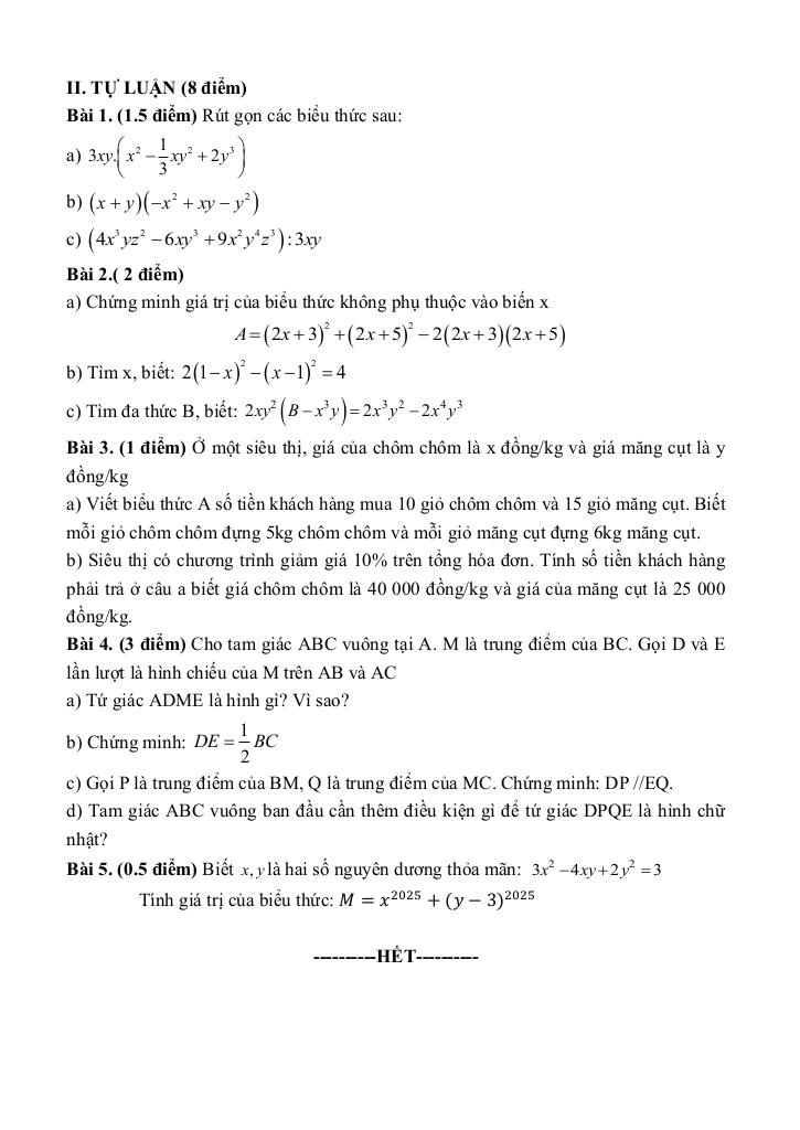đề giữa học kì 1 toán 8 năm 2024 – 2025 trường thcs vạn phúc – hà nội 6