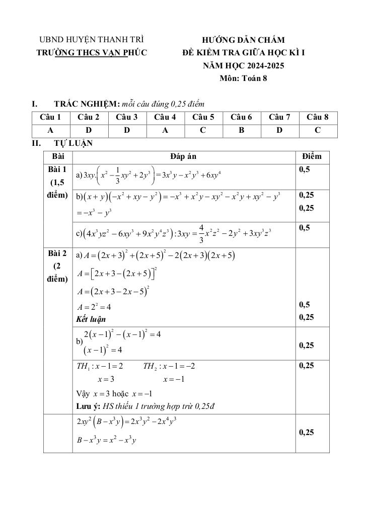 đề giữa học kì 1 toán 8 năm 2024 – 2025 trường thcs vạn phúc – hà nội 7
