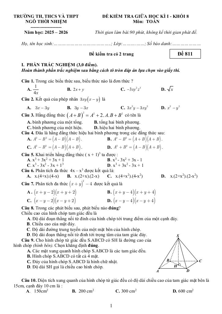 đề giữa học kì 1 toán 8 năm 2025 – 2026 trường ngô thời nhiệm – tp hcm 0