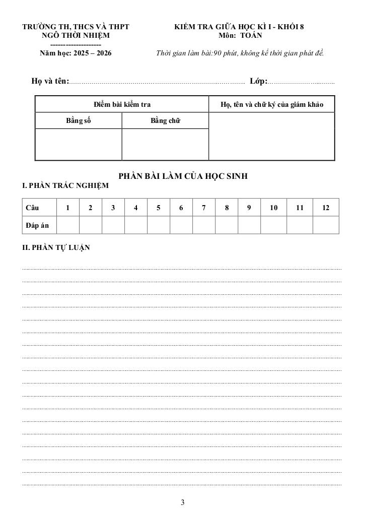 đề giữa học kì 1 toán 8 năm 2025 – 2026 trường ngô thời nhiệm – tp hcm 2