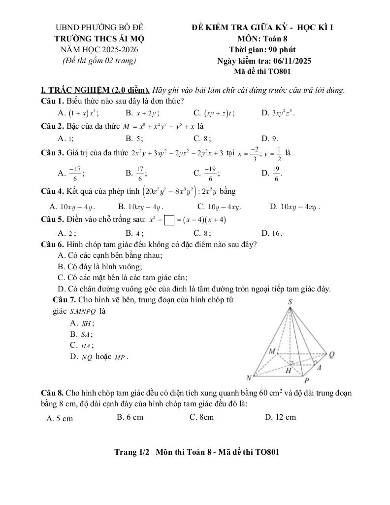 đề giữa học kì 1 toán 8 năm 2025 – 2026 trường thcs ái mộ – hà nội 0