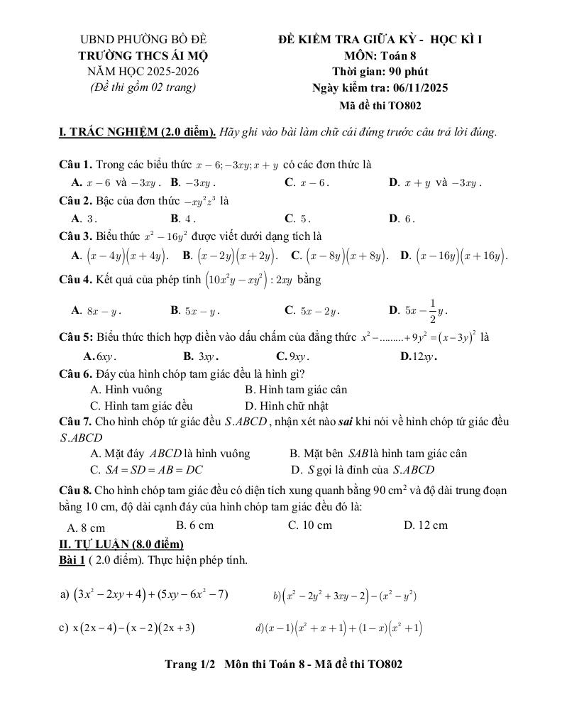 đề giữa học kì 1 toán 8 năm 2025 – 2026 trường thcs ái mộ – hà nội 2