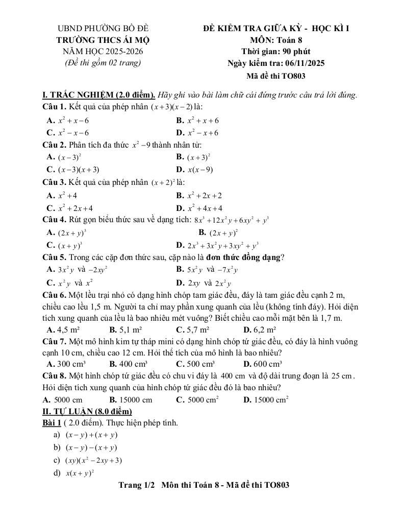 đề giữa học kì 1 toán 8 năm 2025 – 2026 trường thcs ái mộ – hà nội 4
