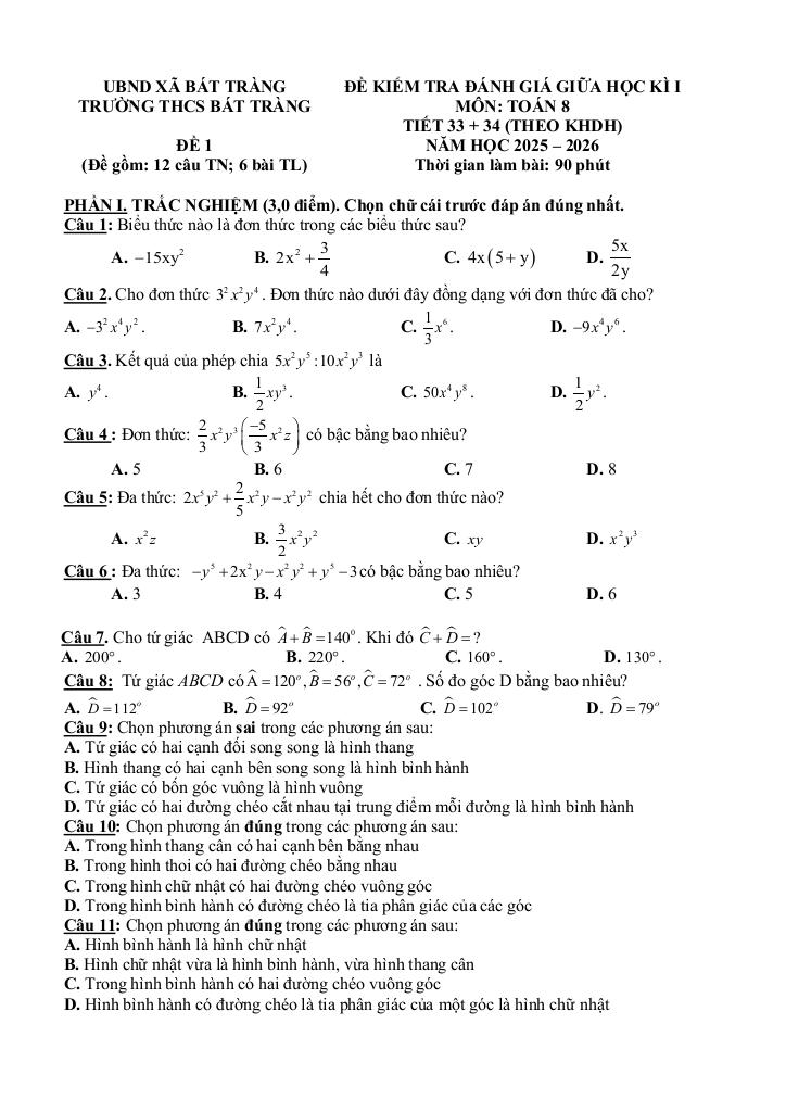 đề giữa học kì 1 toán 8 năm 2025 – 2026 trường thcs bát tràng – hà nội 0