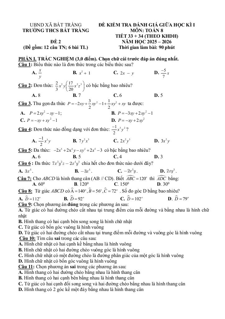 đề giữa học kì 1 toán 8 năm 2025 – 2026 trường thcs bát tràng – hà nội 2