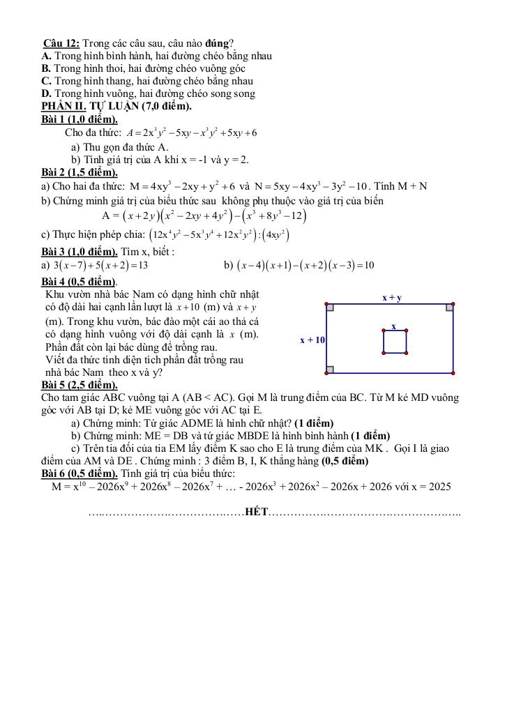 đề giữa học kì 1 toán 8 năm 2025 – 2026 trường thcs bát tràng – hà nội 3