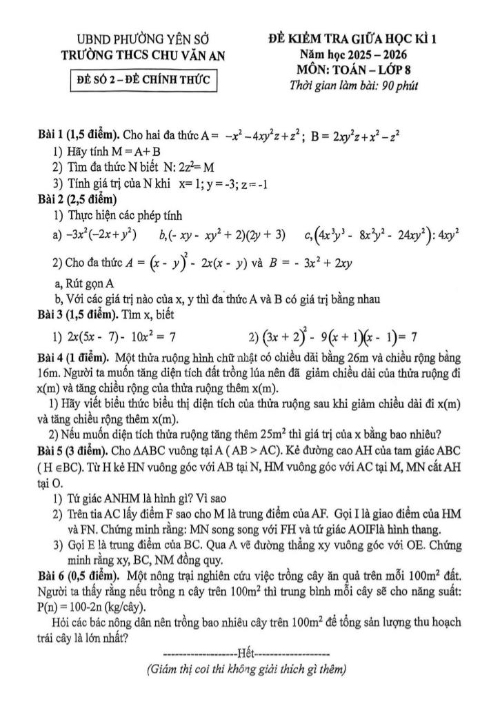 đề giữa học kì 1 toán 8 năm 2025 – 2026 trường thcs chu văn an – hà nội