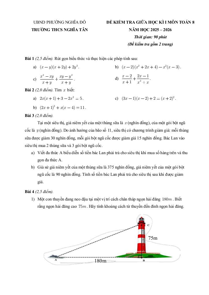 đề giữa học kì 1 toán 8 năm 2025 – 2026 trường thcs nghĩa tân – hà nội 0