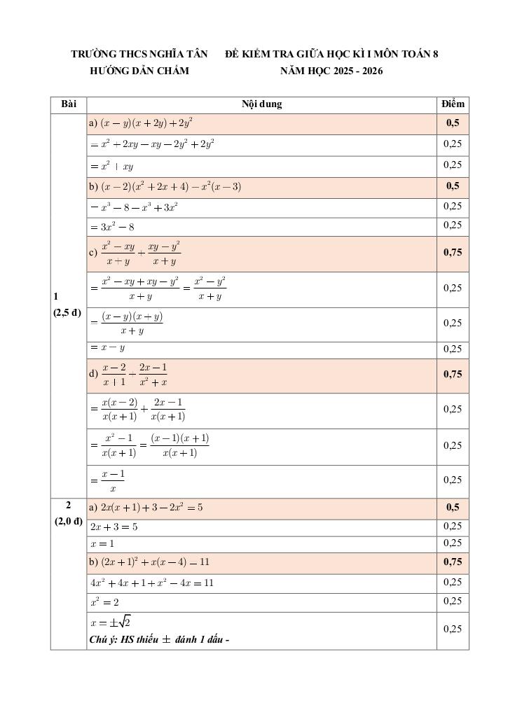 đề giữa học kì 1 toán 8 năm 2025 – 2026 trường thcs nghĩa tân – hà nội 2