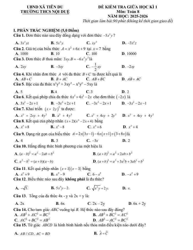 đề giữa học kì 1 toán 8 năm 2025 – 2026 trường thcs nội duệ – bắc ninh 0