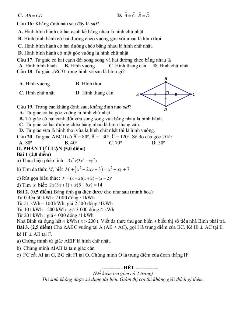 đề giữa học kì 1 toán 8 năm 2025 – 2026 trường thcs nội duệ – bắc ninh 1