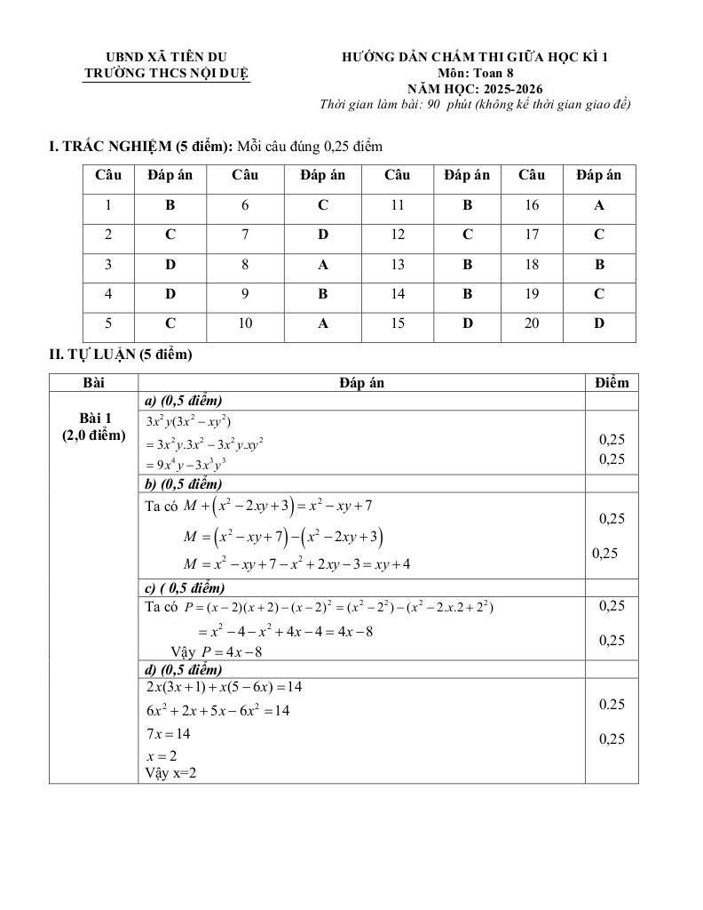 đề giữa học kì 1 toán 8 năm 2025 – 2026 trường thcs nội duệ – bắc ninh 2