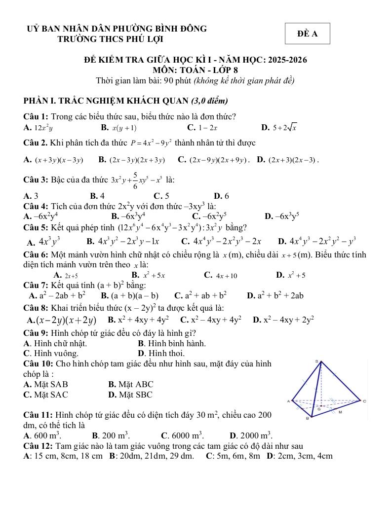 đề giữa học kì 1 toán 8 năm 2025 – 2026 trường thcs phú lợi – tp hcm 0