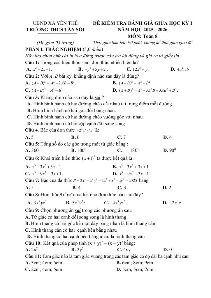 đề giữa học kì 1 toán 8 năm 2025 – 2026 trường thcs tân sỏi – bắc ninh 3