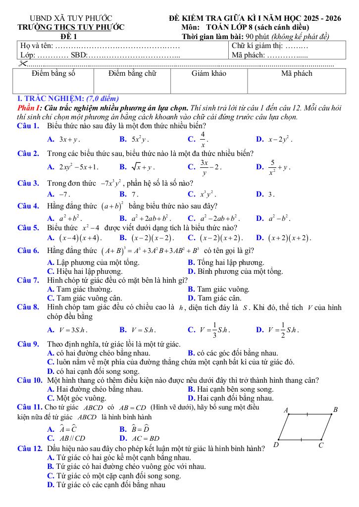 đề giữa học kì 1 toán 8 năm 2025 – 2026 trường thcs tuy phước – gia lai 5
