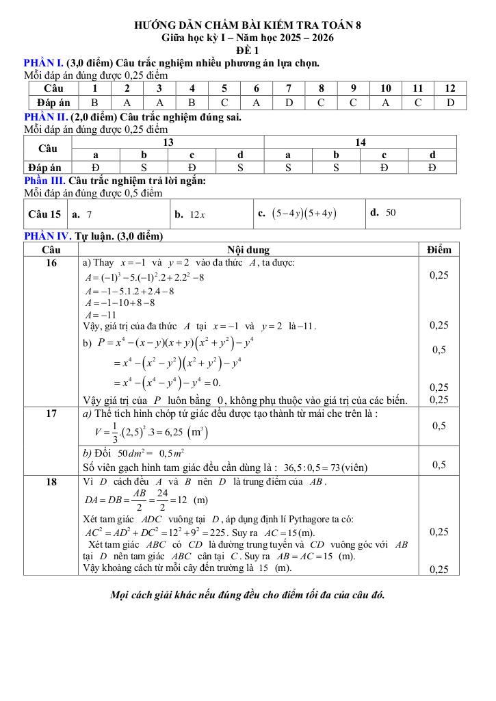 đề giữa học kì 1 toán 8 năm 2025 – 2026 trường thcs tuy phước – gia lai 8