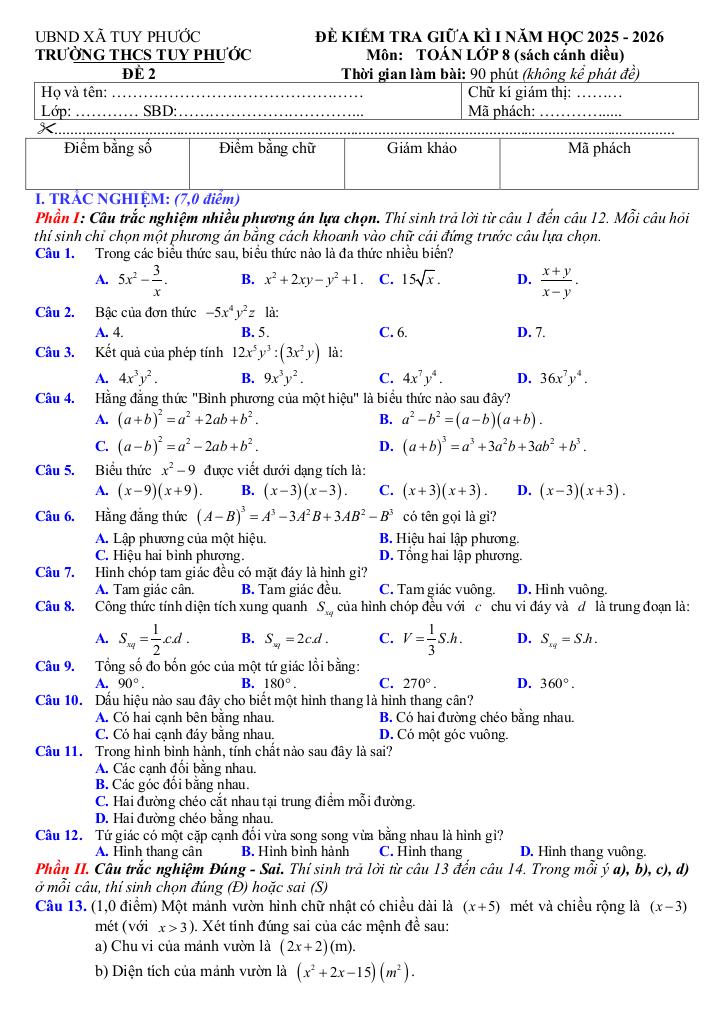 đề giữa học kì 1 toán 8 năm 2025 – 2026 trường thcs tuy phước – gia lai 9