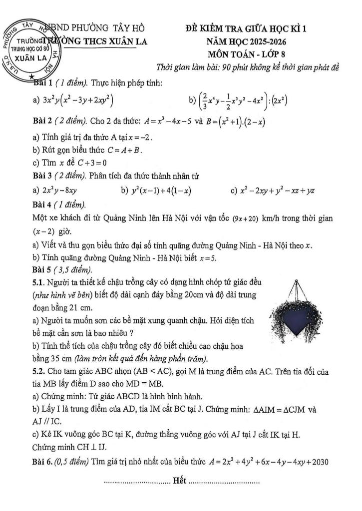 đề giữa học kì 1 toán 8 năm 2025 – 2026 trường thcs xuân la – hà nội