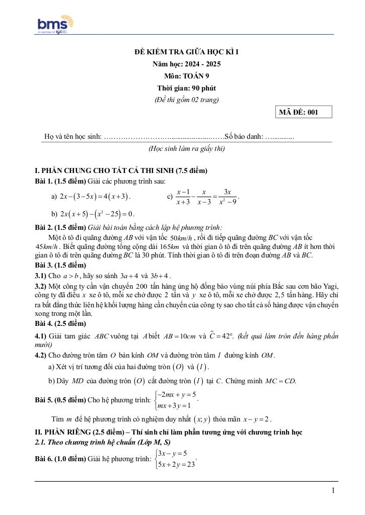 đề giữa học kì 1 toán 9 năm 2024 – 2025 trường ban mai school – hà nội 0