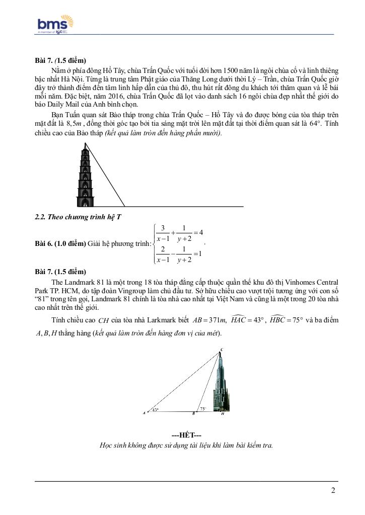 đề giữa học kì 1 toán 9 năm 2024 – 2025 trường ban mai school – hà nội 1