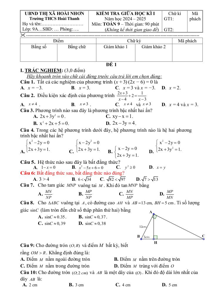 đề giữa học kì 1 toán 9 năm 2024 – 2025 trường thcs hoài thanh – bình định 3