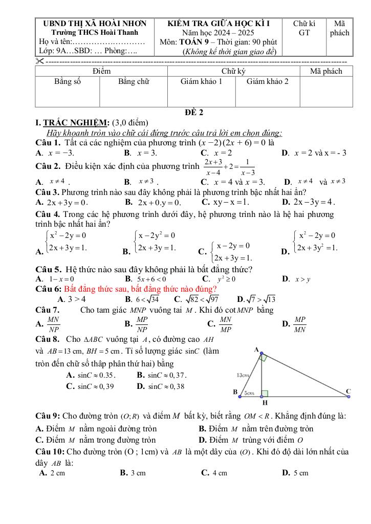 đề giữa học kì 1 toán 9 năm 2024 – 2025 trường thcs hoài thanh – bình định 5