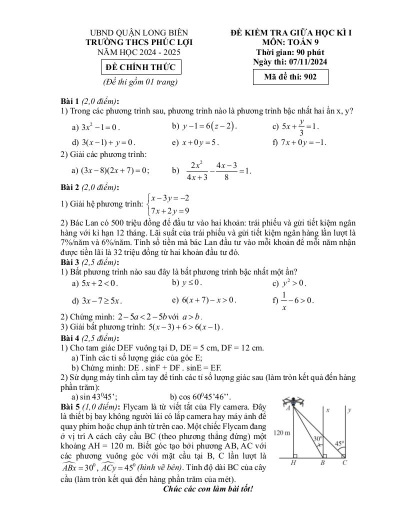 đề giữa học kì 1 toán 9 năm 2024 – 2025 trường thcs phúc lợi – hà nội 0