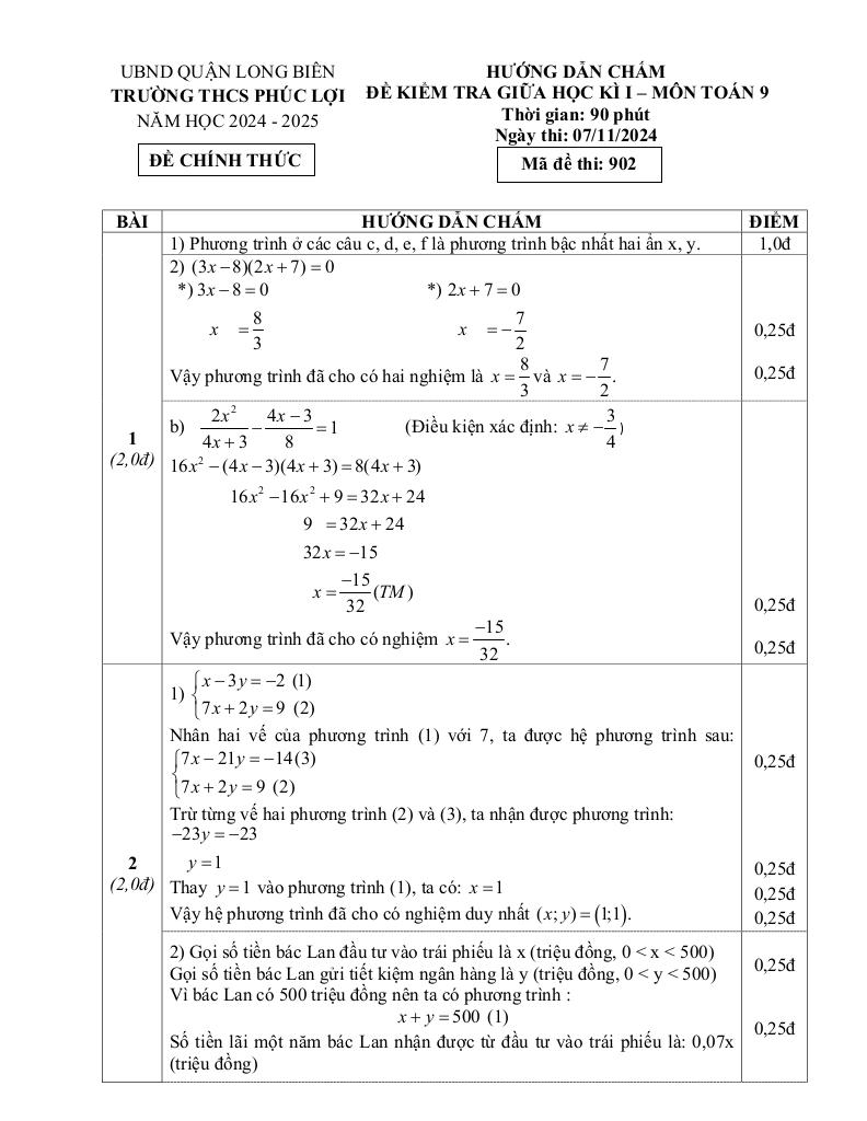 đề giữa học kì 1 toán 9 năm 2024 – 2025 trường thcs phúc lợi – hà nội 1