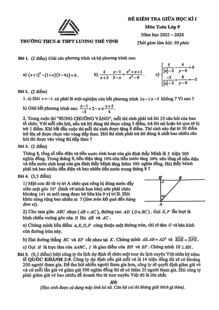 đề giữa học kì 1 toán 9 năm 2025 – 2026 trường lương thế vinh – hà nội
