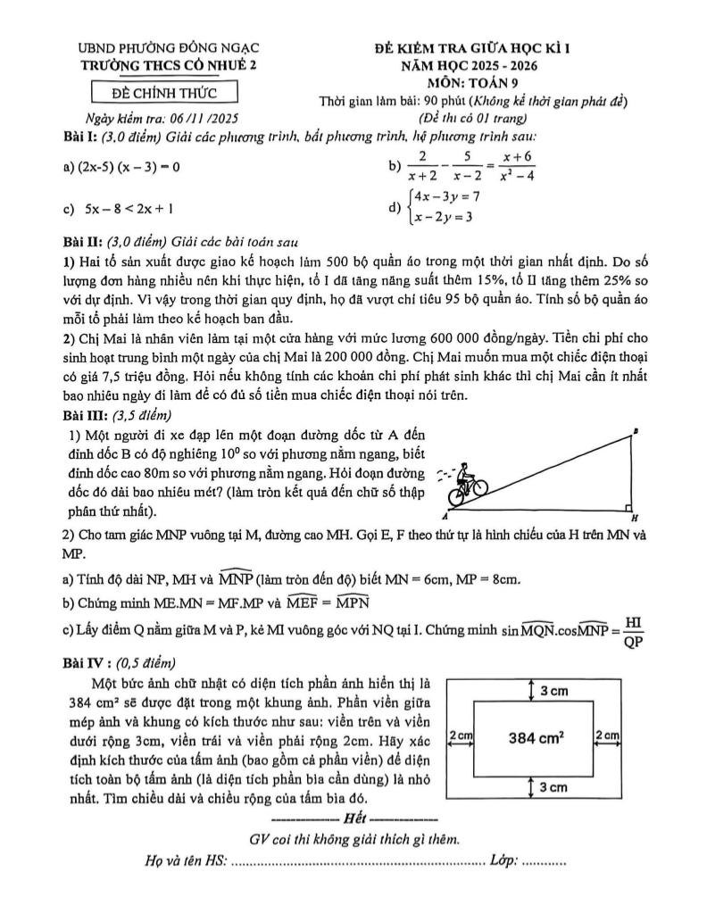 đề giữa học kì 1 toán 9 năm 2025 – 2026 trường thcs cổ nhuế 2 – hà nội