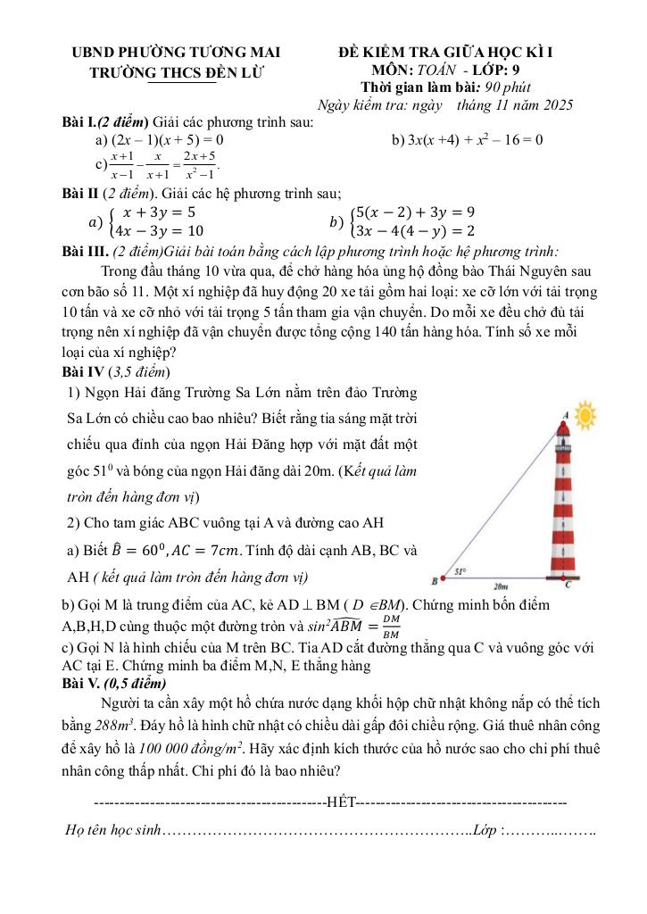 đề giữa học kì 1 toán 9 năm 2025 – 2026 trường thcs đền lừ – hà nội 0
