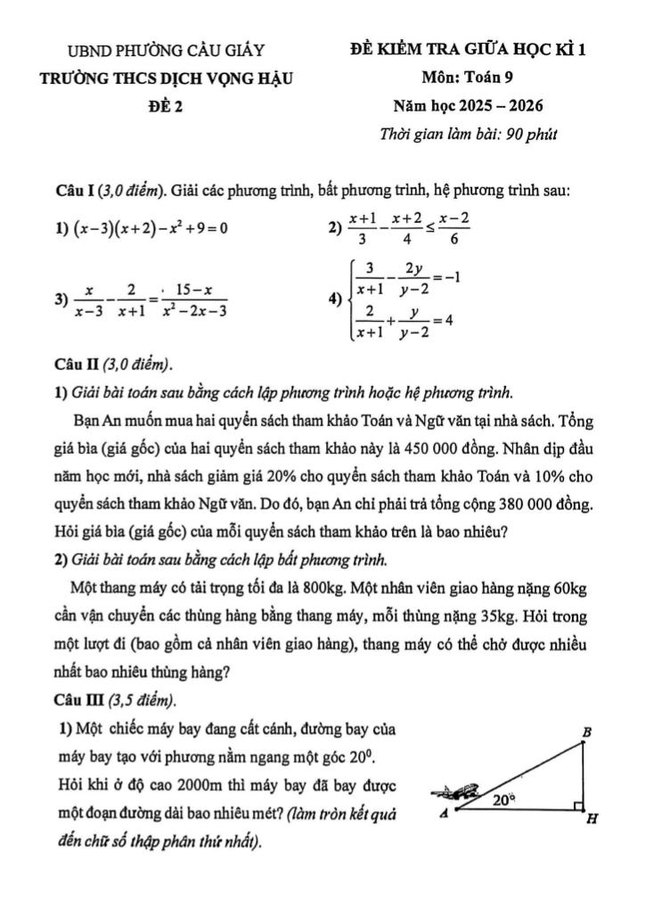 đề giữa học kì 1 toán 9 năm 2025 – 2026 trường thcs dịch vọng hậu – hà nội 0