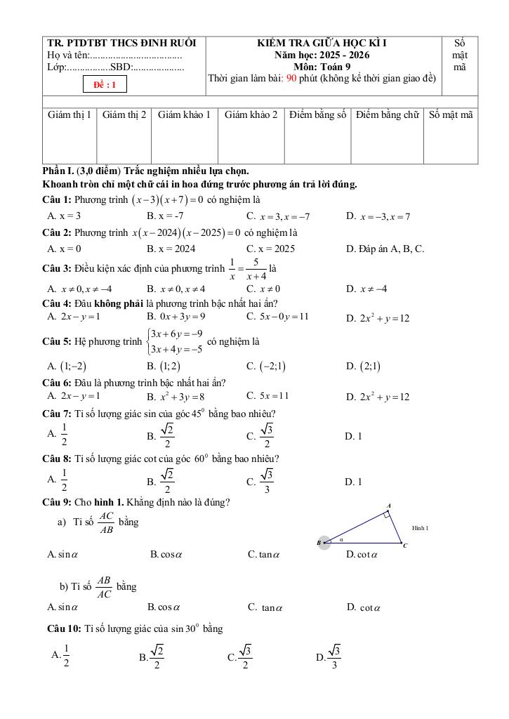 đề giữa học kì 1 toán 9 năm 2025 – 2026 trường thcs đinh ruối – gia lai 3